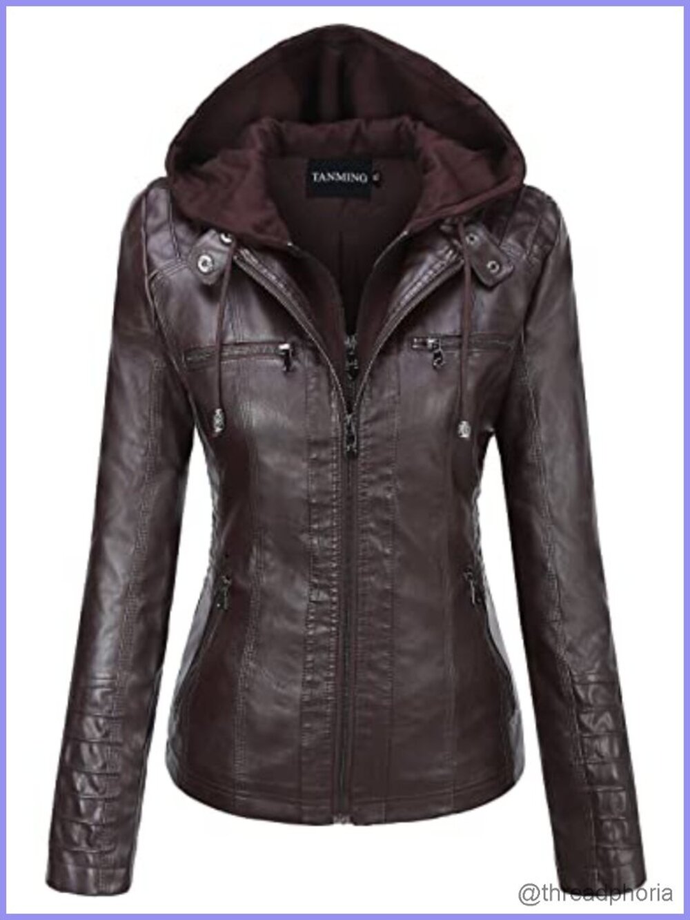 Faux Leather Jacket Hooded Moto Biker Coat Detachable Hood Front Zip